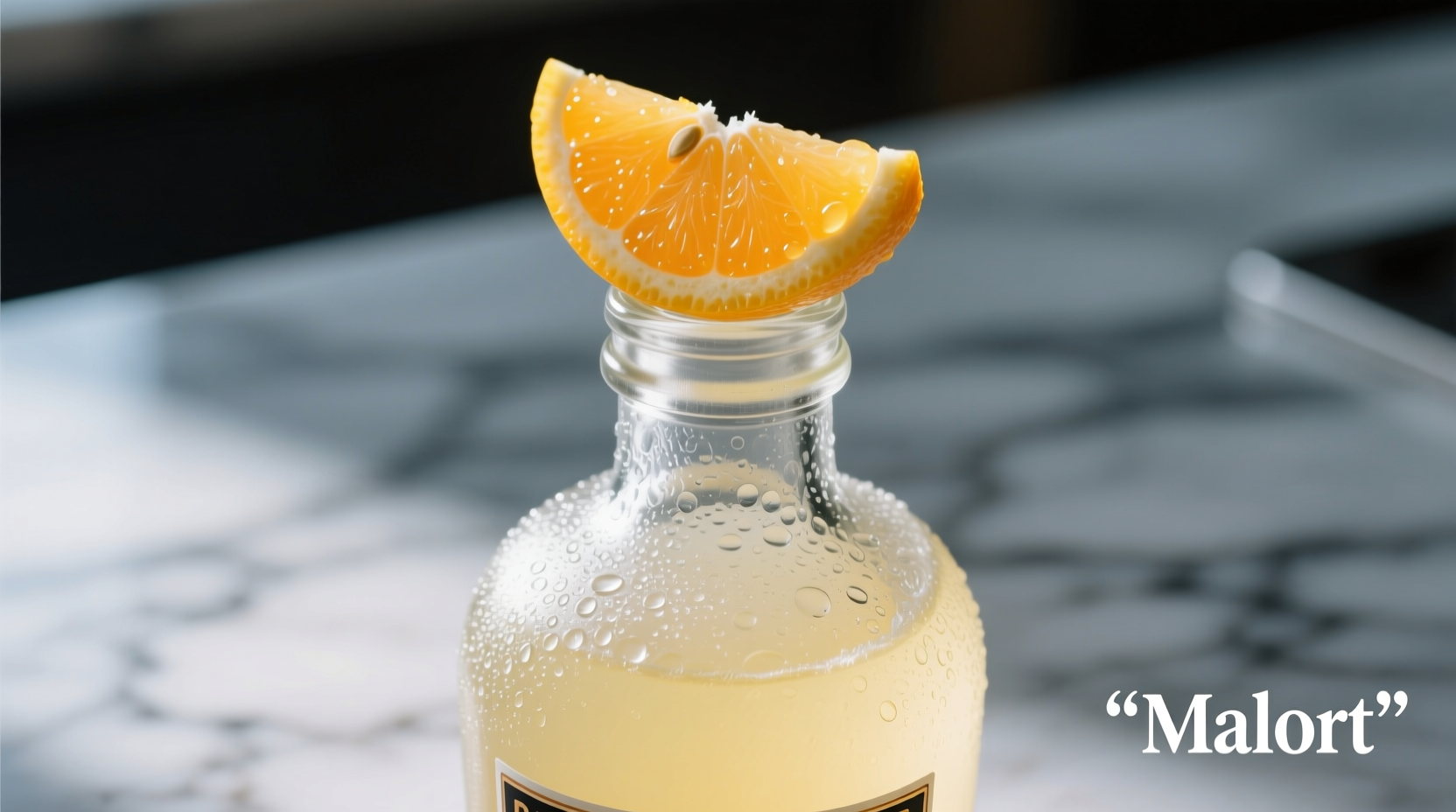 Close-up of Malort bottle with citrus garnish