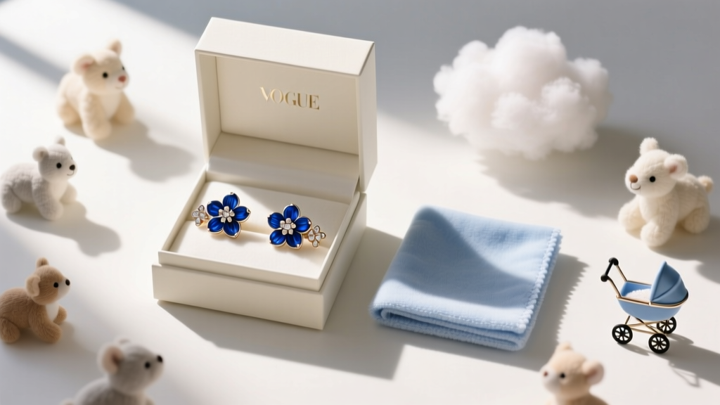Flat lay gift box containing sapphire blue flower ear climbers and a polishing cloth, surrounded by baby's breath on marble