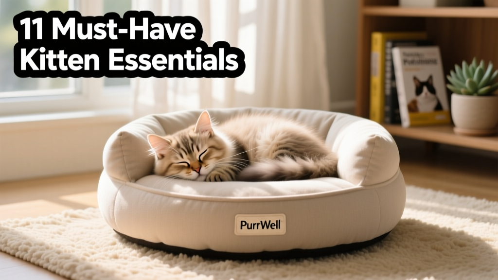 A sleepy kitten curled up in a plush, round orthopedic bed with soft bolsters, placed on a light rug near a sunny window