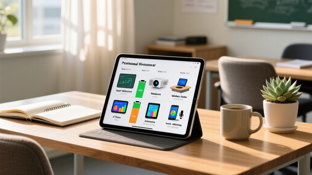A comparison chart on a tablet showing battery life and setup times for various unique classroom gadgets in a sunlit staff room setting