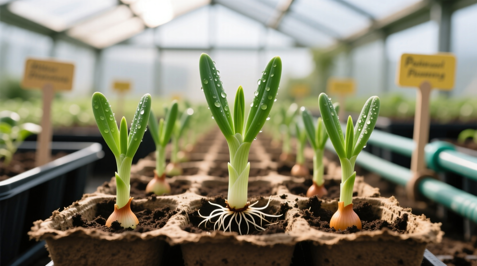 Onion seedlings growing in starter trays