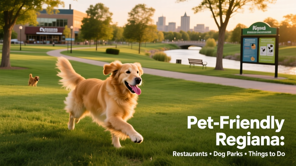 Golden Retriever running joyfully across open grass in a sunny dog park with trees and a creek nearby