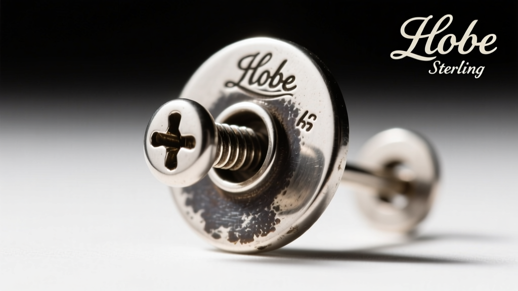 Close-up of a 1940s Hobe earring back showing a screw-back fitting, oxidized sterling texture, and a script hallmark stamp.