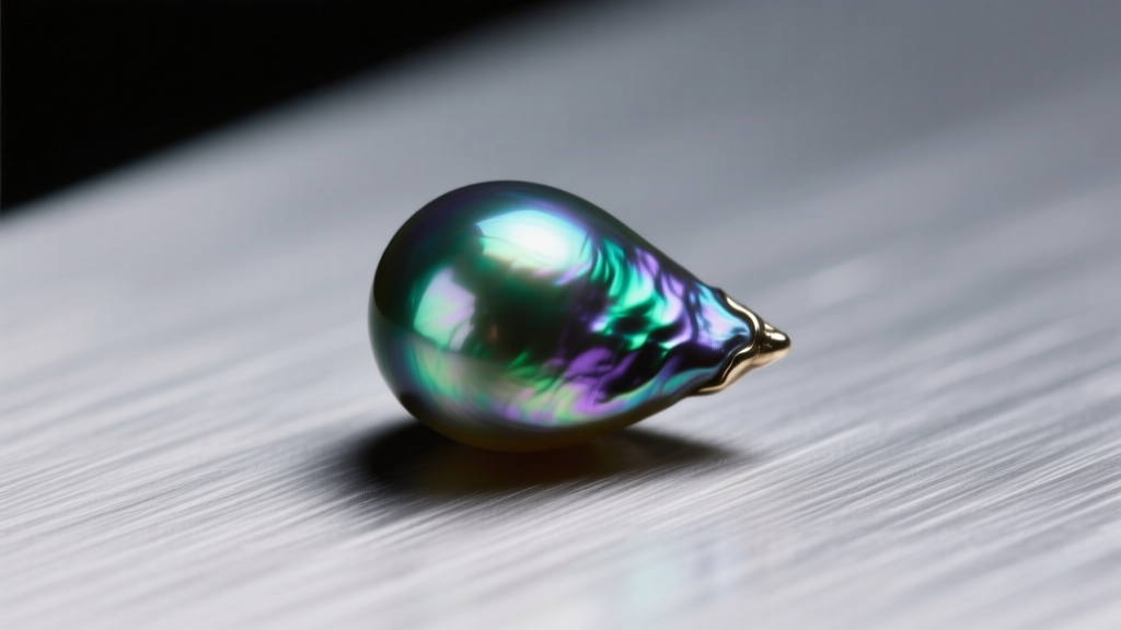 Macro photography of a 12mm baroque Tahitian pearl showing vivid green and purple peacock overtones resting on brushed titanium
