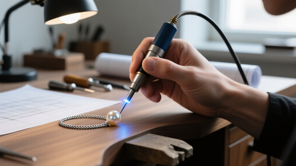 Close-up of a jeweler using a laser welder to attach a 4mm pearl station to a 1.2mm oxidized sterling silver cable chain on a desk