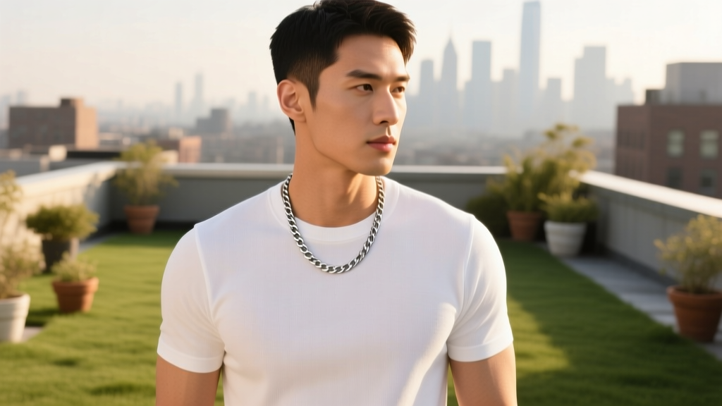 Athletic man wearing a minimalist 4mm titanium chain necklace layered over a crisp white crewneck t-shirt, natural sunlight