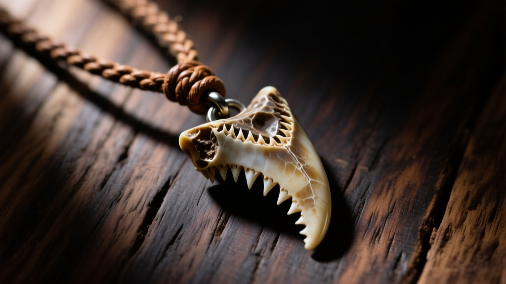 Close-up of a fossilized shark tooth pendant on a braided leather cord, resting on dark wood with moody, atmospheric lighting.