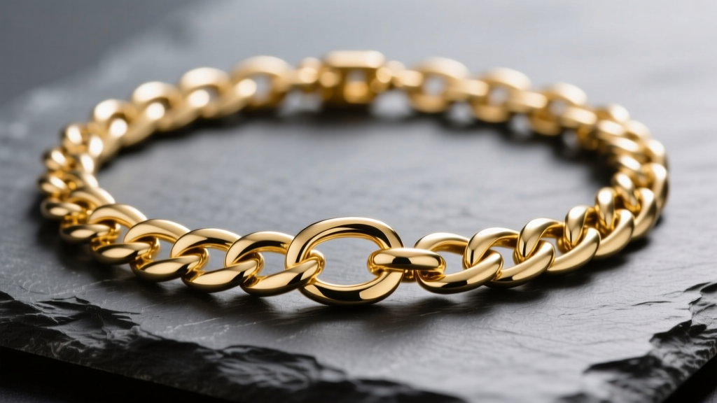 Macro shot of a 14k solid gold curb chain necklace on dark slate, highlighting interlocking flat links and a machined lobster clasp.