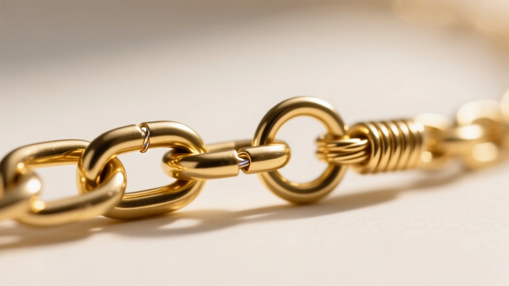 Macro shot of a 1.2mm gold cable chain link structure next to a spring ring clasp, highlighting the soldered jump ring detail.