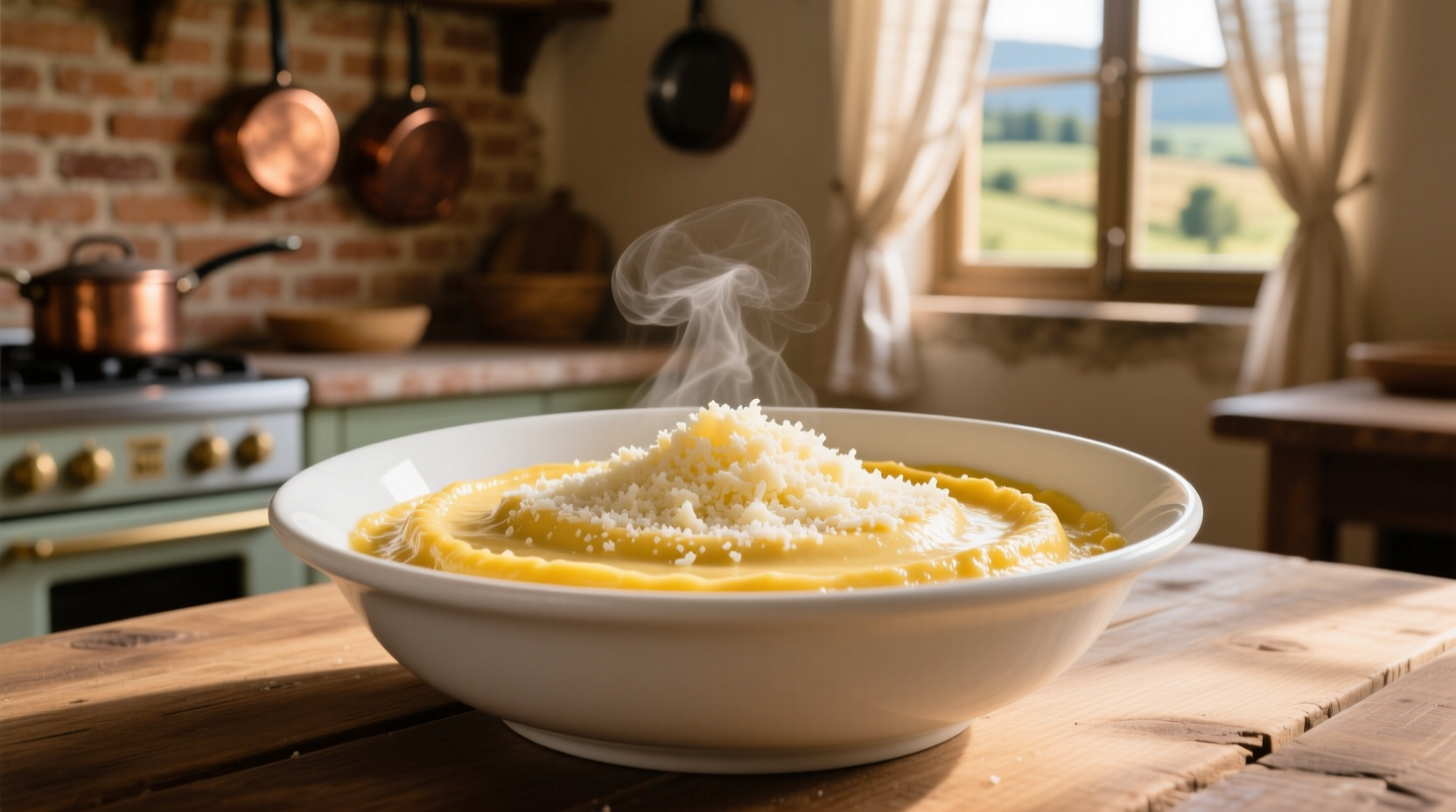Creamy polenta in white bowl with Parmesan