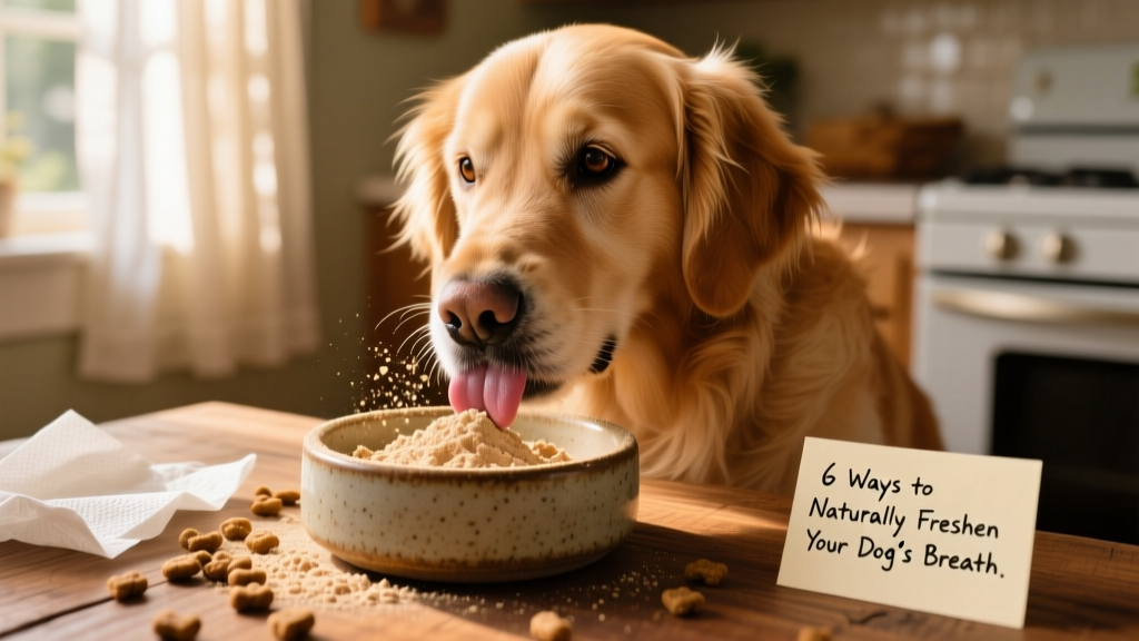 Close-up of a dog licking probiotic powder mixed into food bowl