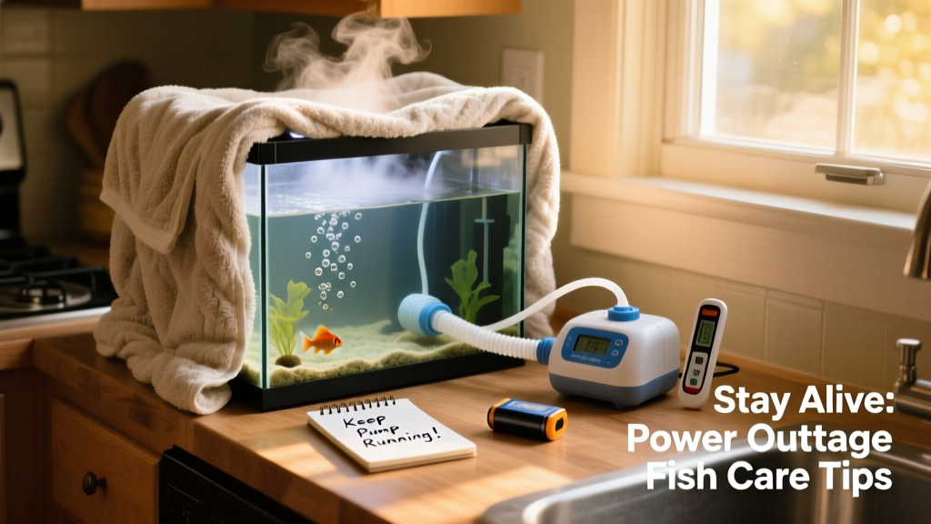 Insulated aquarium wrapped in towels with a battery-powered air pump connected to an airstone