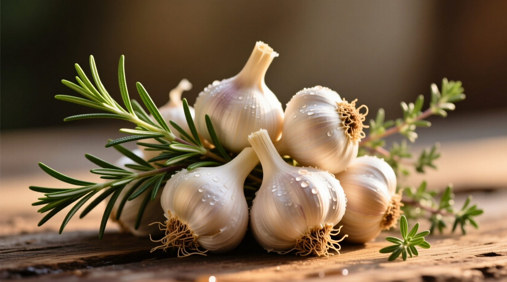 Fresh garlic cloves with sprigs of rosemary and thyme