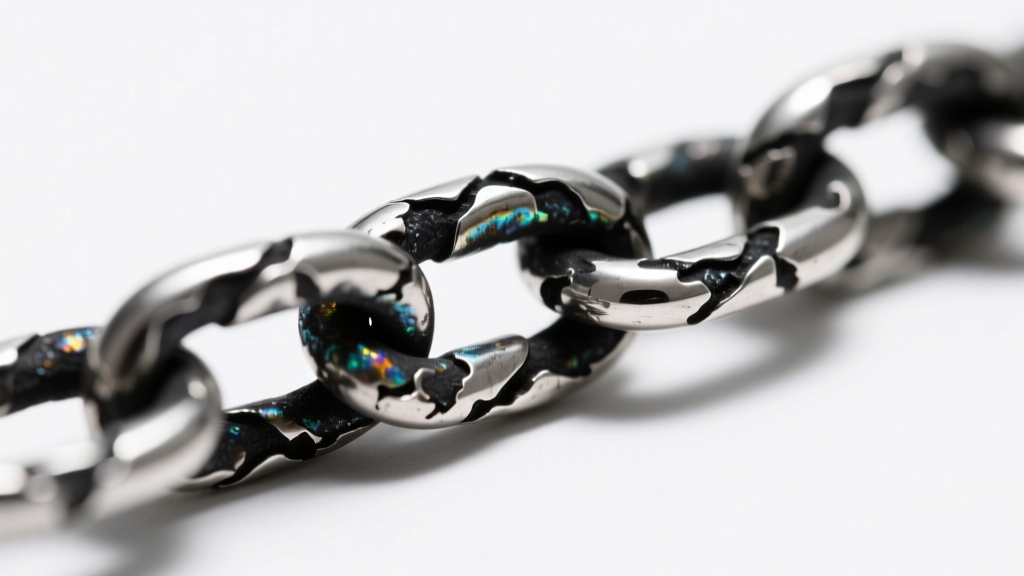 Macro shot of tarnished 925 sterling silver chain links showing black silver sulfide buildup against a bright white background