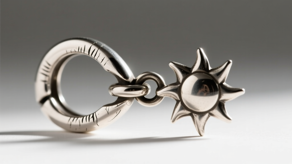Side profile of worn silver bail attached to a sun charm, showing friction marks and thinning metal at the connecting jump ring.