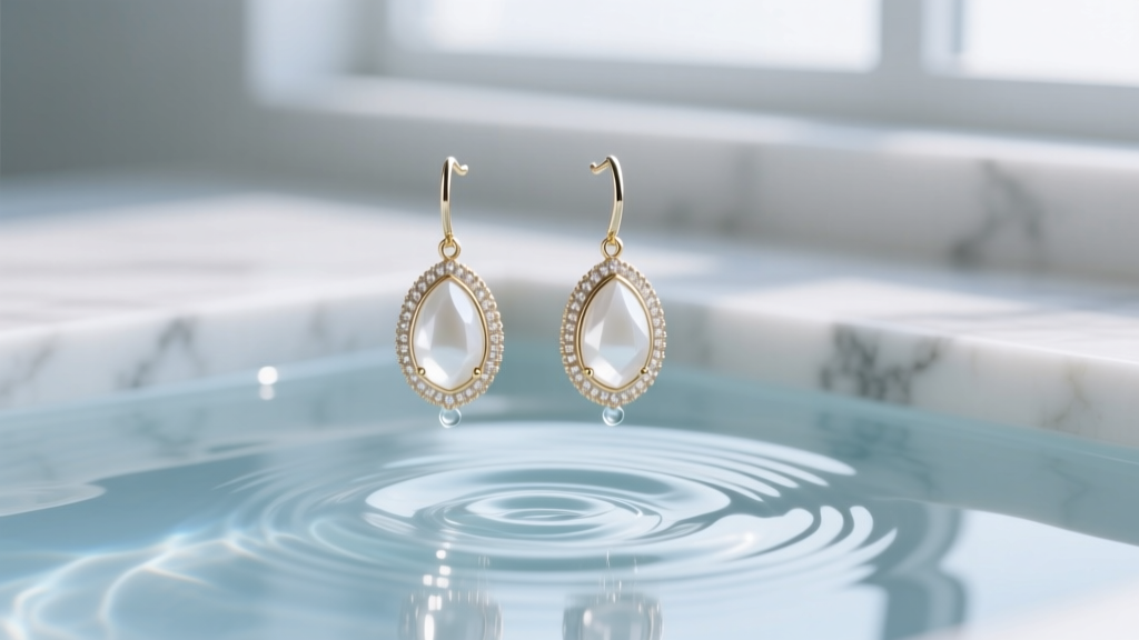 Ultrasonic jewelry cleaner vibrating a pair of white gold drop earrings submerged in a gentle, unscented cleaning solution.