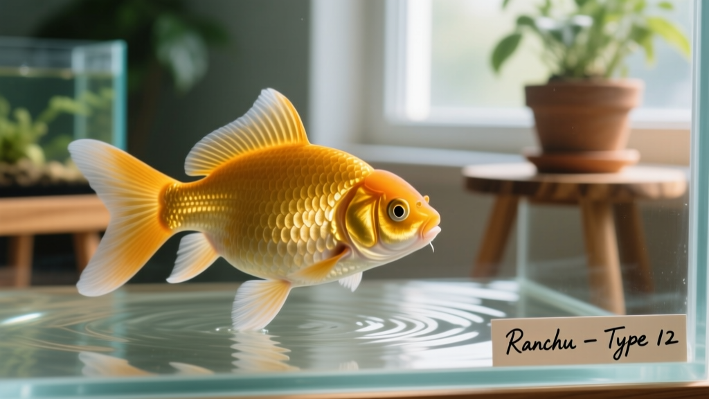 Side view of a mature ranchu goldfish showing its humped back, absence of dorsal fin, and serene swimming posture