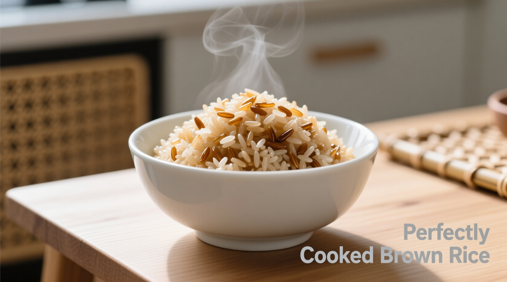 Perfectly cooked brown rice in white bowl