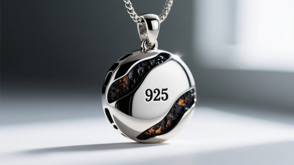 Macro shot of a heavy silver pendant hallmark stamped 925, showing oxidized crevices and high-polish metal surface