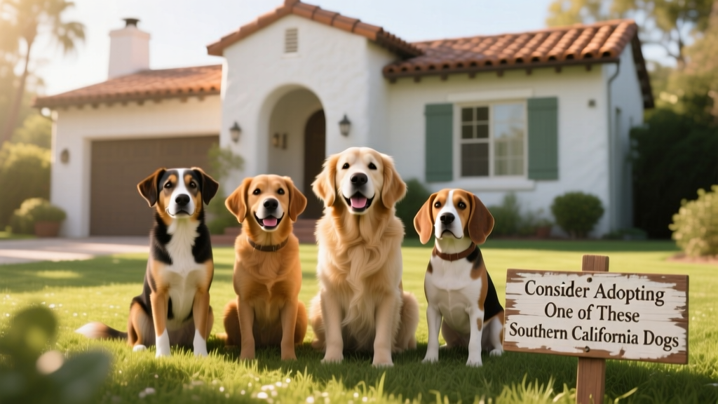 Four friendly, adoptable dogs sitting side by side on grass in front of a sunny Southern California home