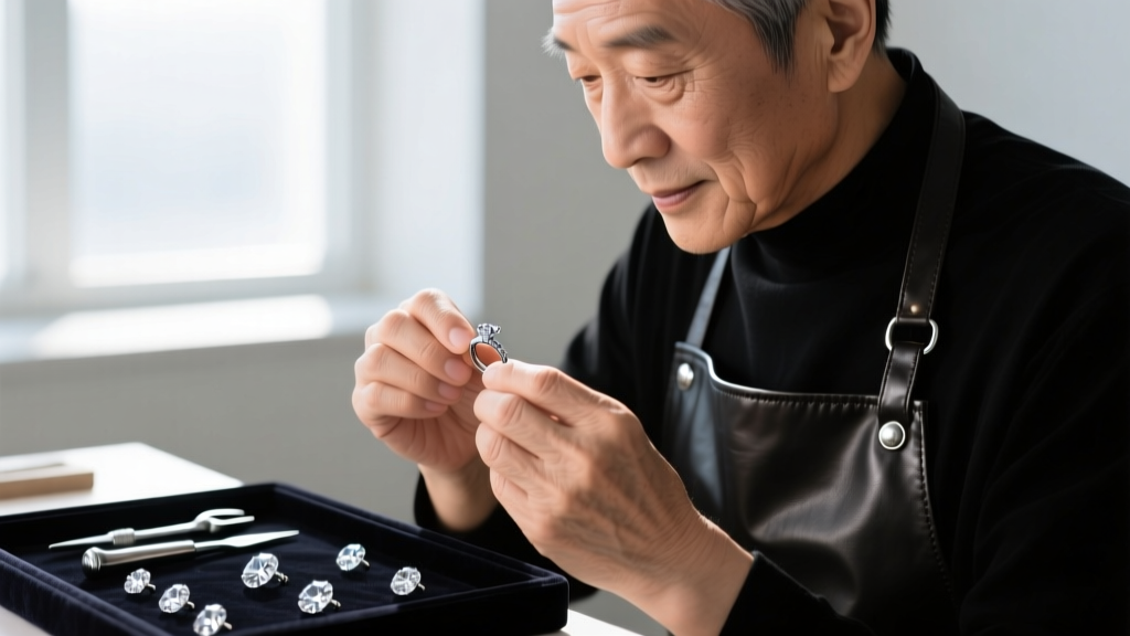 Close-up of a jeweler's loupe inspecting the hallmark stamp on a 14K white gold earring screw back clutch, soft warm background.