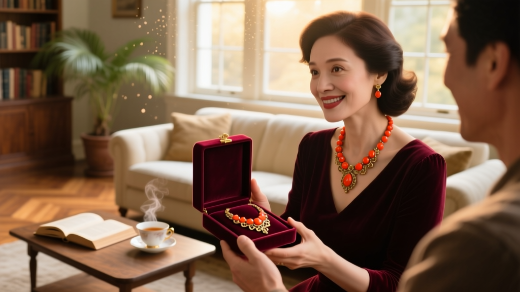 Woman receiving a vintage coral necklace in a velvet box, warm living room setting, capturing a joyful emotional gifting moment.