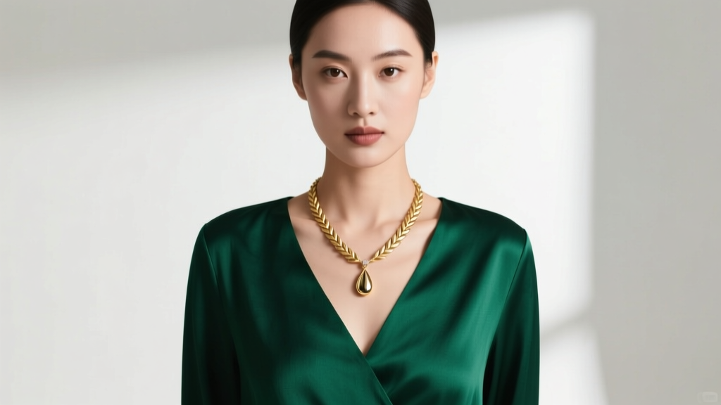 Woman in deep V-neck silk blouse wearing 18-inch gold wheat chain with teardrop pendant resting perfectly at the neckline vertex.