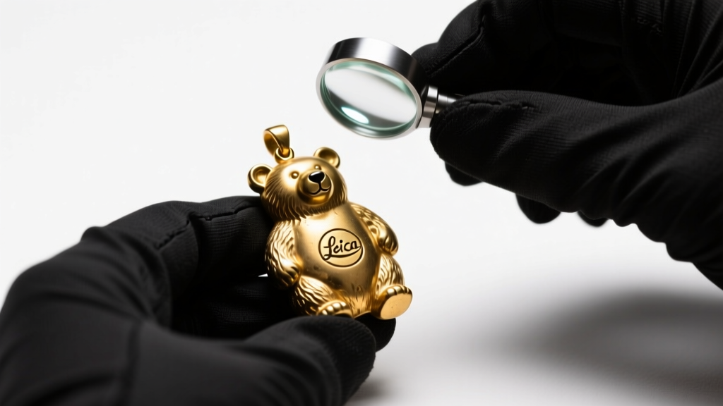 Jeweler inspecting the hallmark stamp on the back of a vintage gold bear pendant with a 10x loupe under focused, bright LED lighting.