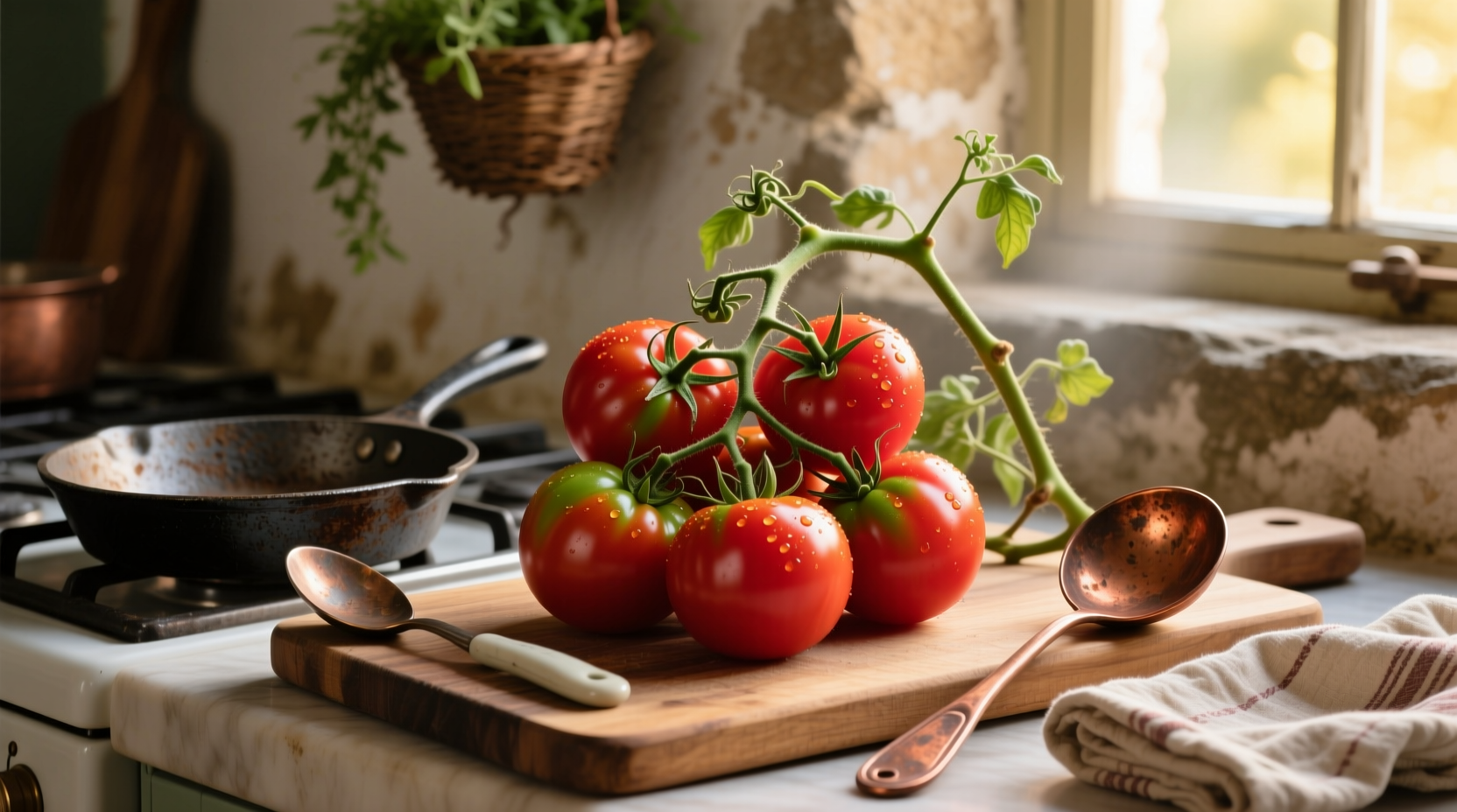 Ripe plum tomatoes on vine with kitchen utensils