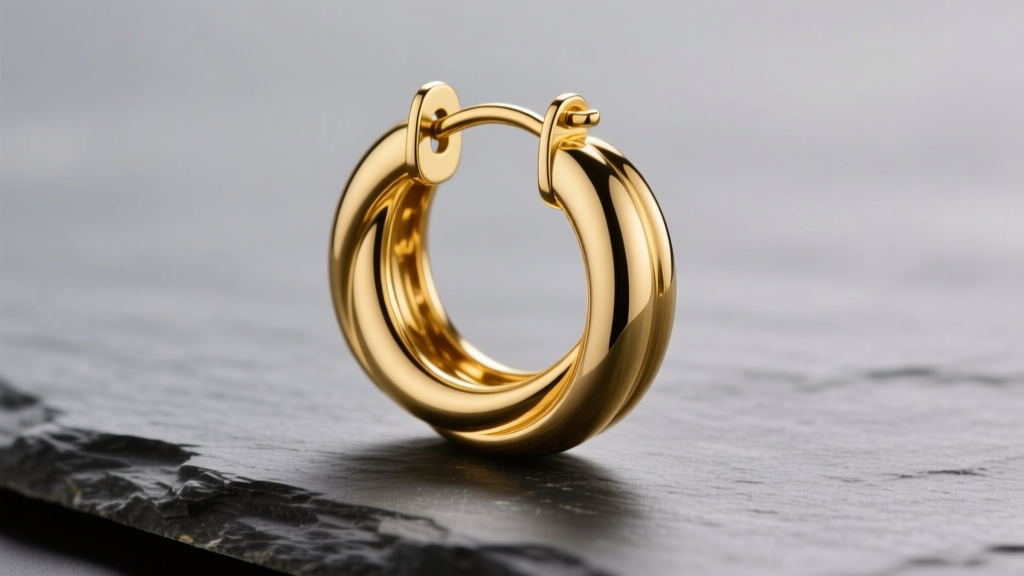 A thick 14k yellow gold statement hoop on slate, showing the polished metal and sturdy hinge clasp under soft studio lighting.