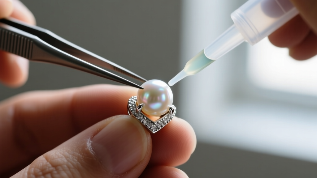 Jeweler applying two-part epoxy to a 20-gauge sterling silver earring post to reattach a loose 6mm freshwater pearl stud earring.