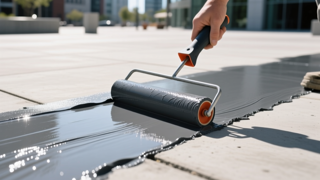 Close-up of a seamless dark gray cast polyurethane liquid membrane being roller-applied over a primed concrete plaza deck substrate in bright daylight