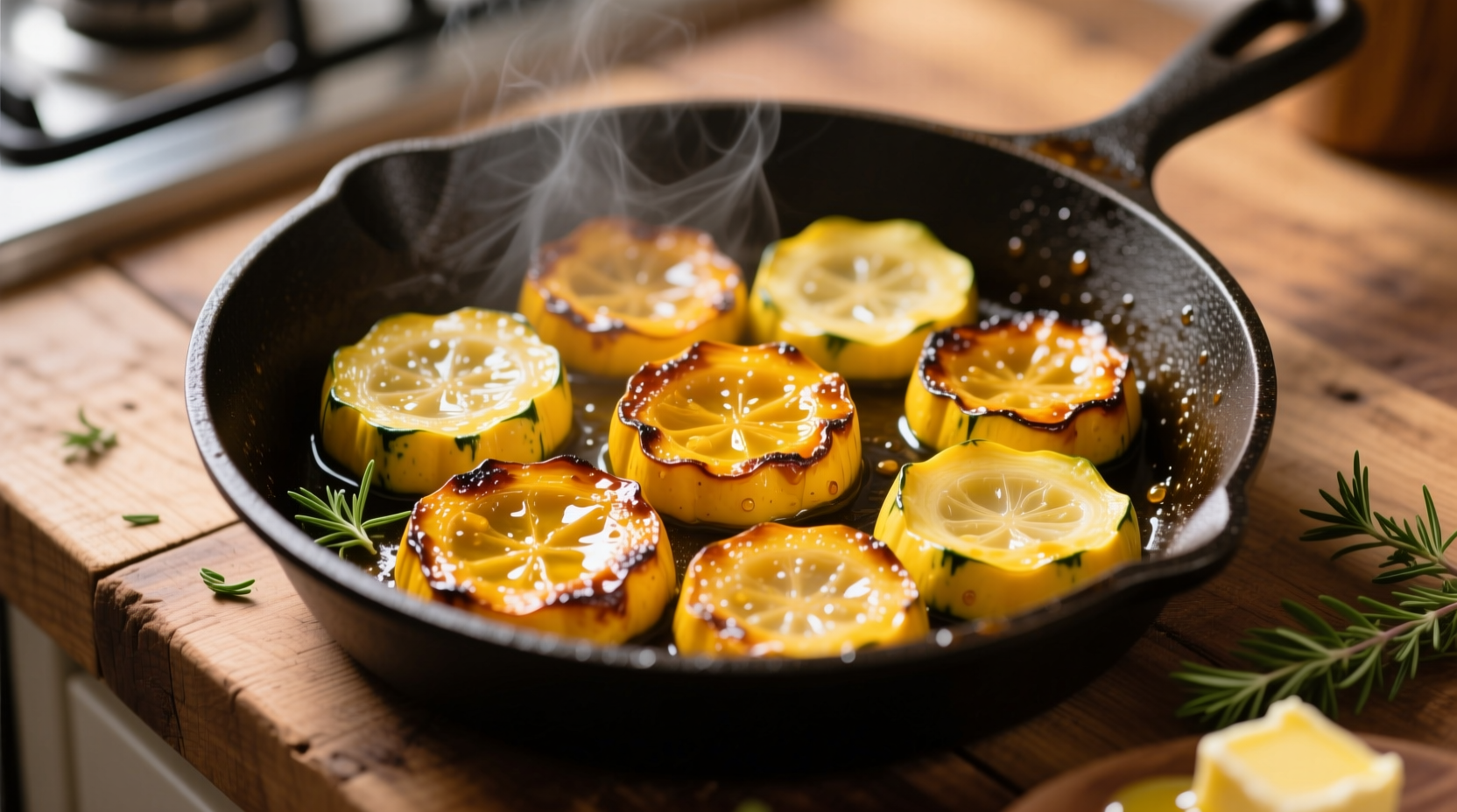 Perfectly sautéed yellow squash with golden edges in skillet