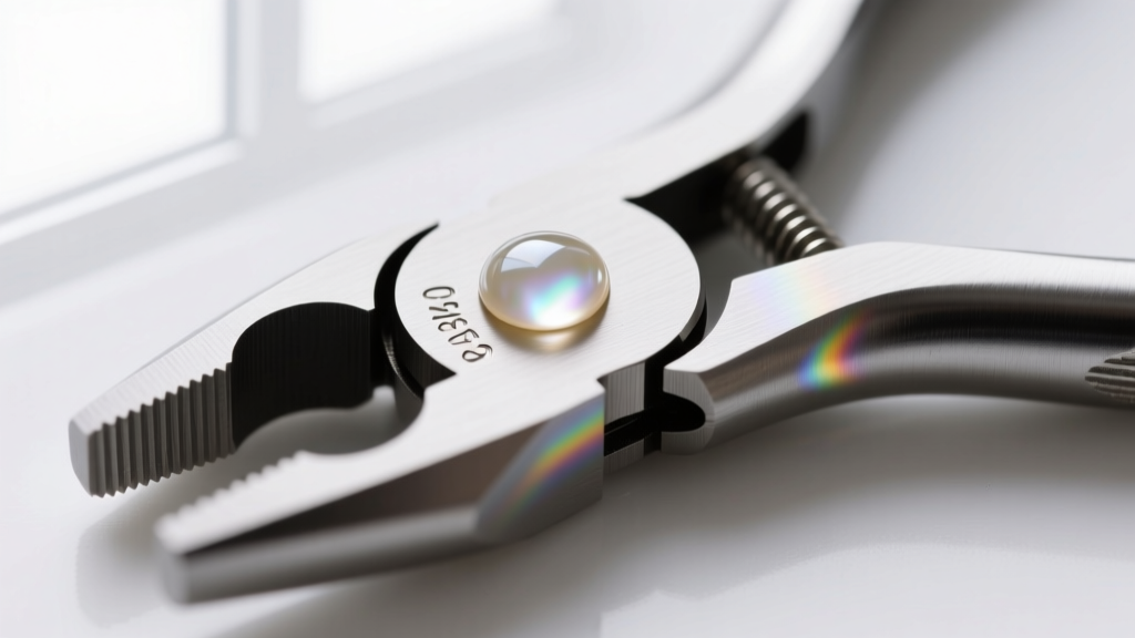 Close-up of the pivot joint on round-nose pliers for jewelry, highlighting the tension screw and a drop of synthetic lubricant.
