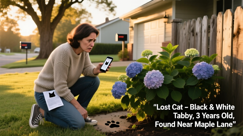 A worried pet parent searching a quiet suburban backyard, checking under bushes and around the foundation of the house