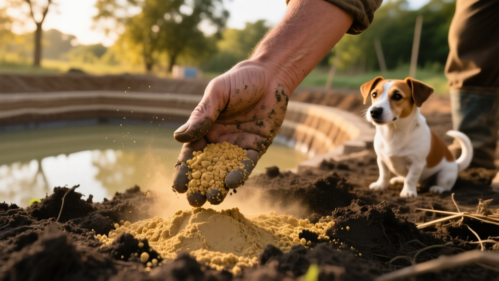 Hand spreading granular bentonite over freshly tilled soil at pond construction site