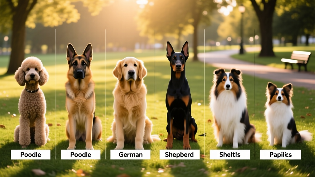 A side-by-side comparison of six top-ranked intelligent breeds—Poodle, German Shepherd, Golden Retriever, Doberman, Sheltie, and Papillon—posed attentively in a sunlit park setting