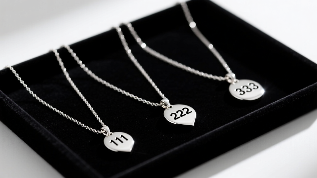 Flat lay of three layered sterling silver necklaces with 111, 222, and 333 pendants of varying sizes on a dark velvet display tray