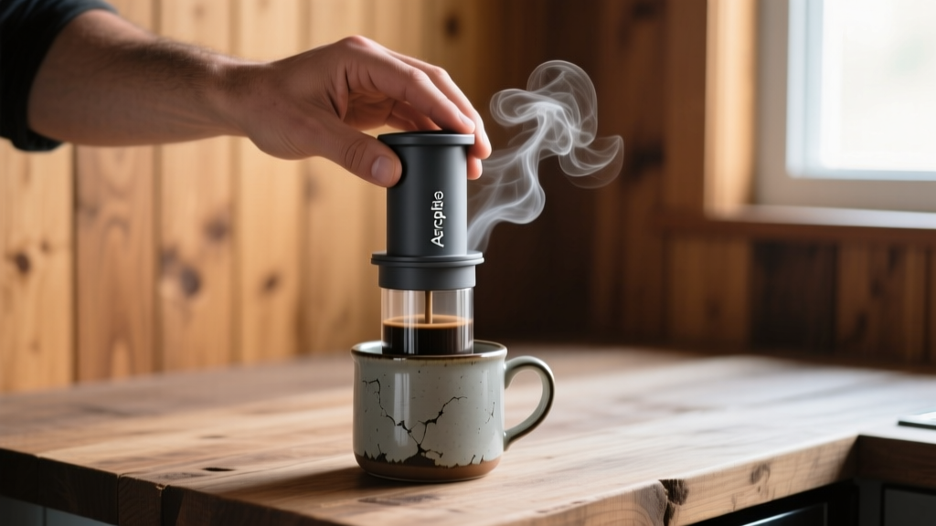 Hands pressing dark grey Aeropress Go plunger over ceramic camp mug with steam rising in a rustic wood-paneled kitchen environment