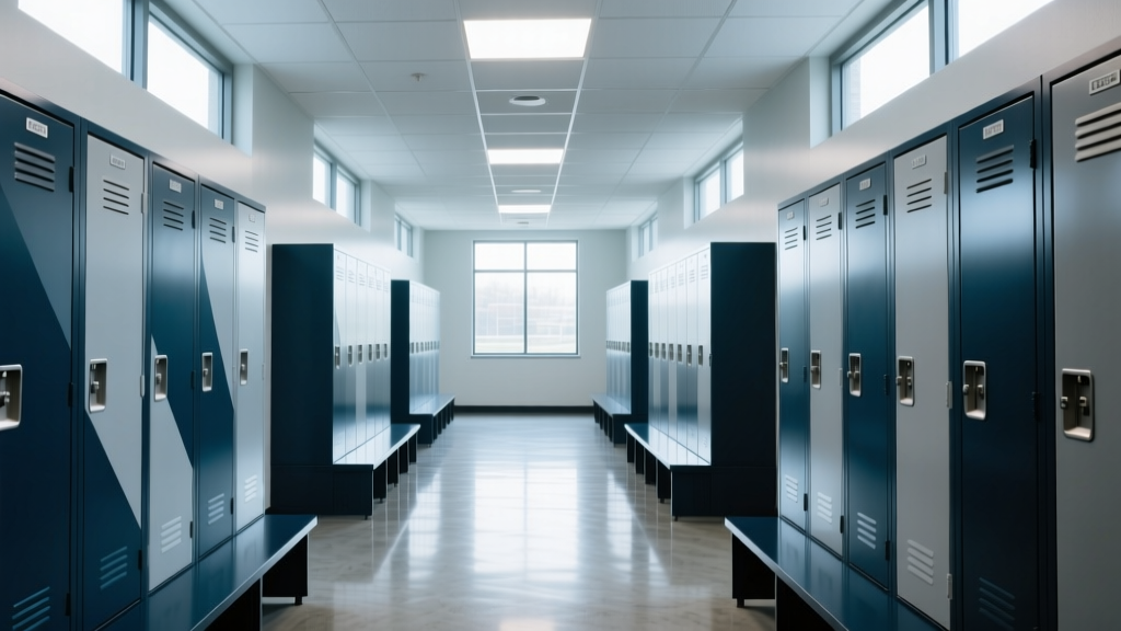 Modern athletic locker room featuring HDPE phenolic lockers, polished concrete floors, and integrated LED lighting in a collegiate sports facility