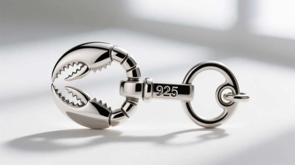 Macro shot of a silver heart and key pendant clasp, showing a lobster claw mechanism and a stamped 925 hallmark on the jump ring