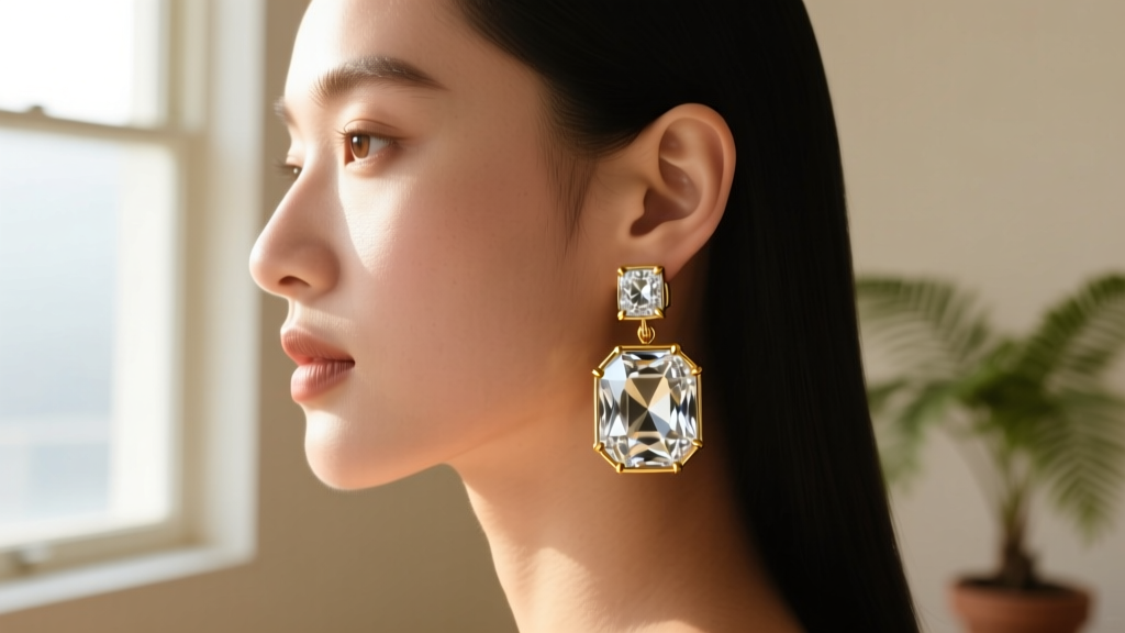 Side profile of a woman wearing chunky diamond nugget drop earrings, highlighting the secure gold bezel setting against her skin.