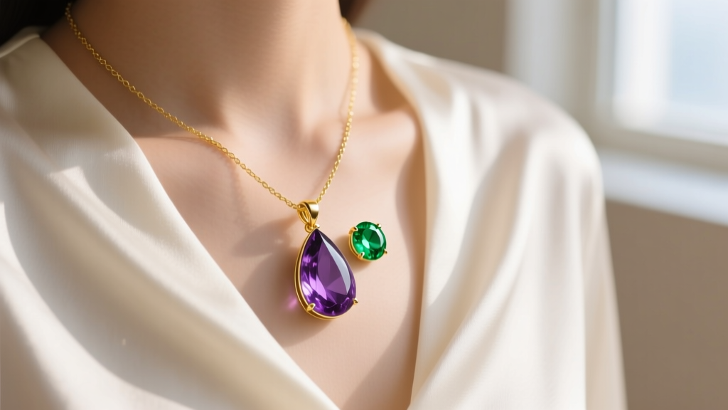 Close-up of a delicate 14k yellow gold necklace featuring a teardrop amethyst and round peridot pendant resting on a silk blouse.