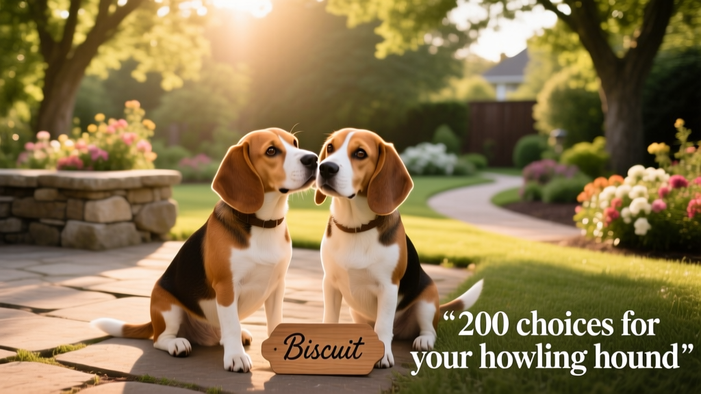 Two Beagles playfully nuzzling each other in a sunlit backyard