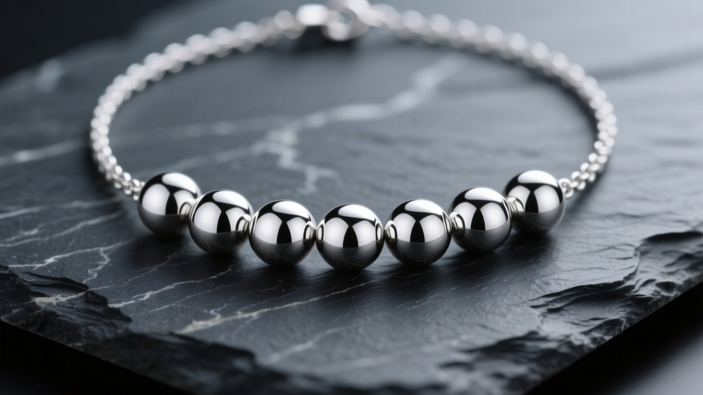 Macro photo of a 925 sterling silver necklace with polished 6mm solid silver balls resting on dark slate under studio lighting