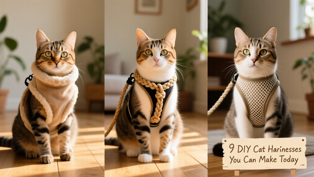 Side-by-side comparison of three DIY harness styles: fleece wrap, braided rope, and mesh ventilation—each worn comfortably by different cats