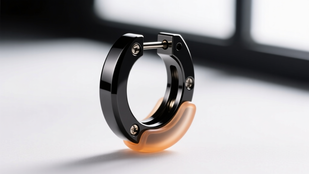 Macro shot of a PVD-coated black titanium omega-back clip-on earring mechanism featuring a translucent silicone comfort pad