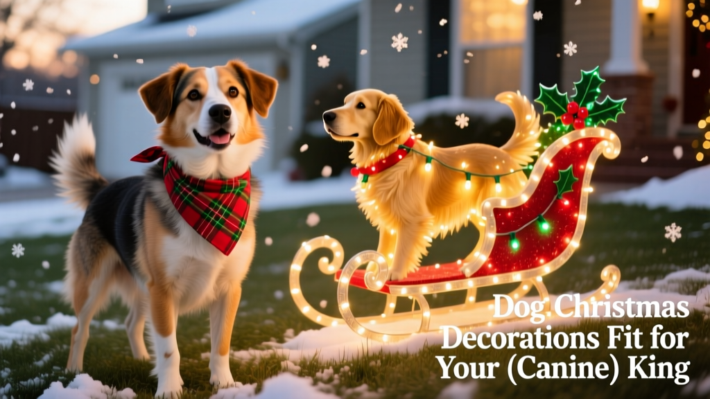 Friendly mixed-breed dog wearing a festive bandana, standing beside a light-up yard decoration showing a golden retriever in a sleigh