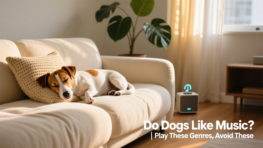 A relaxed Jack Russell terrier sleeping peacefully on a cozy sofa