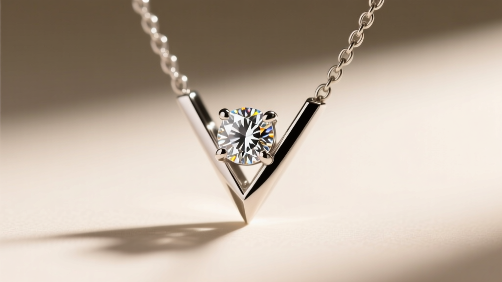 Extreme close-up of a V-prong setting securing a diamond on the sharp bottom corner of a platinum initial B pendant necklace.